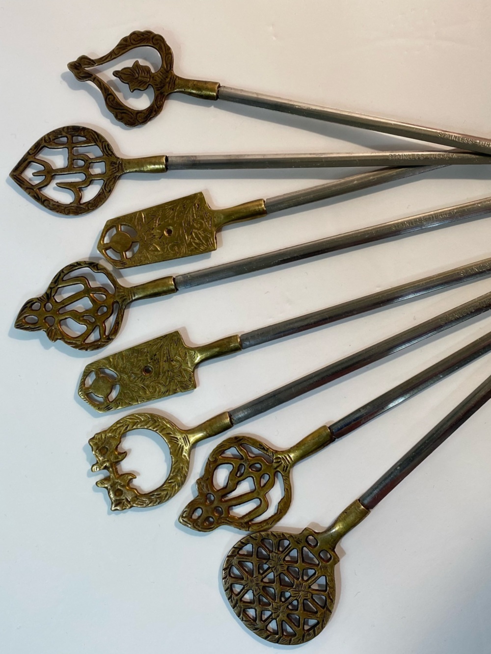 8 Vintage Sener Turkey Brass Stainless Steel Meat Skewers BBQ Grill Shish Kabobs